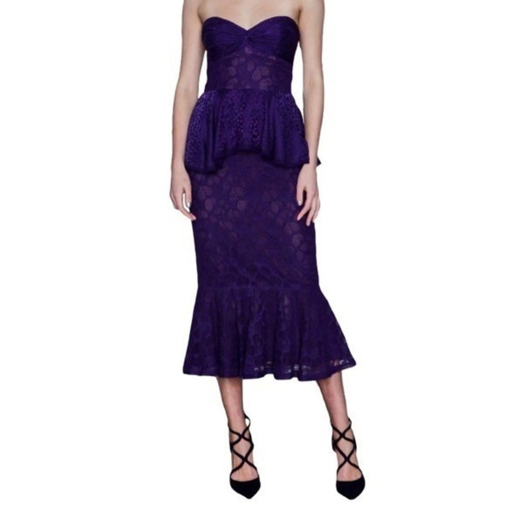 Flor et.al Purple Lace Strapless Peplum Mermaid Midi Dress Size 6
